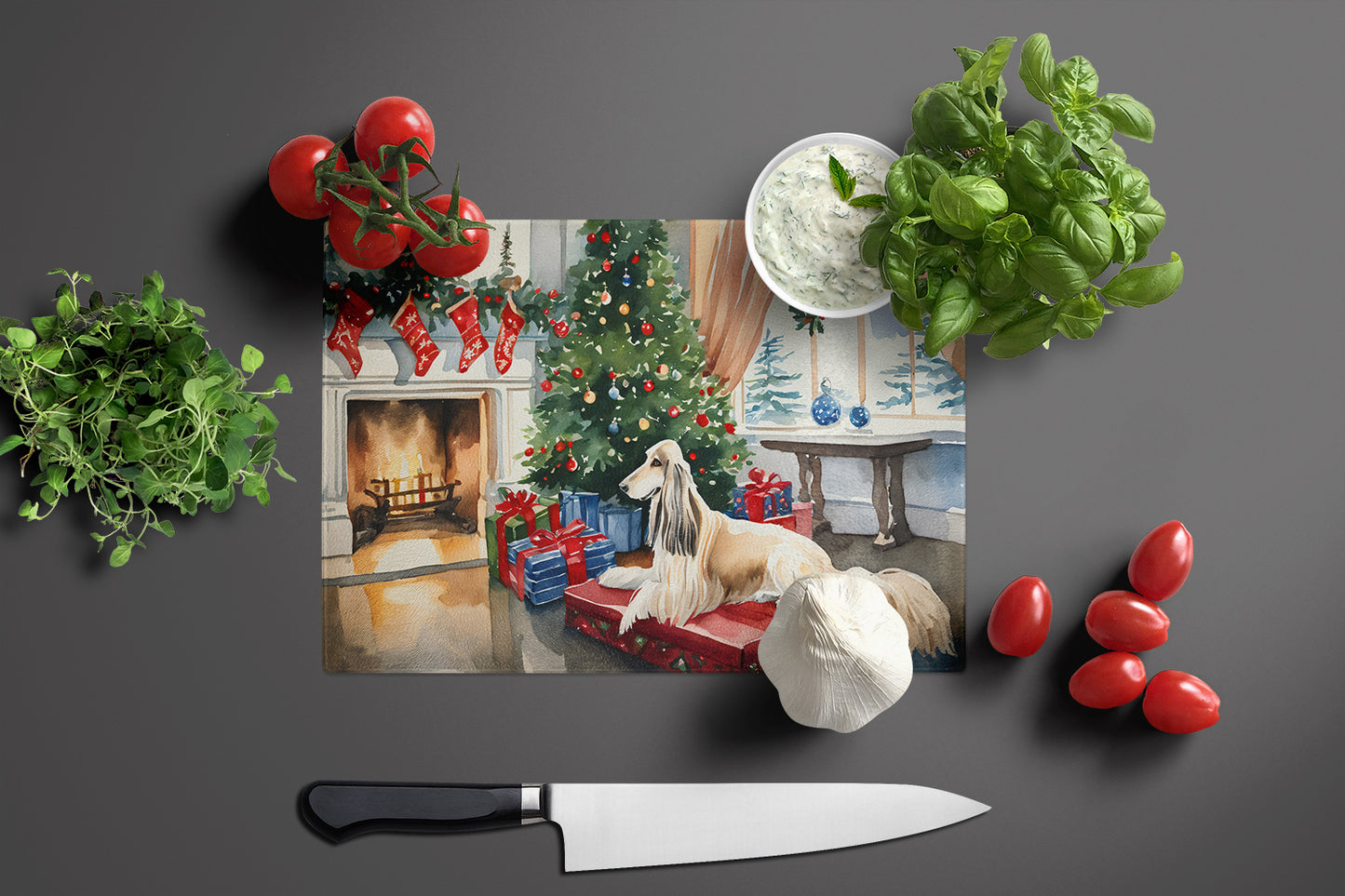 Afghan Hound Cozy Christmas Glass Cutting Board