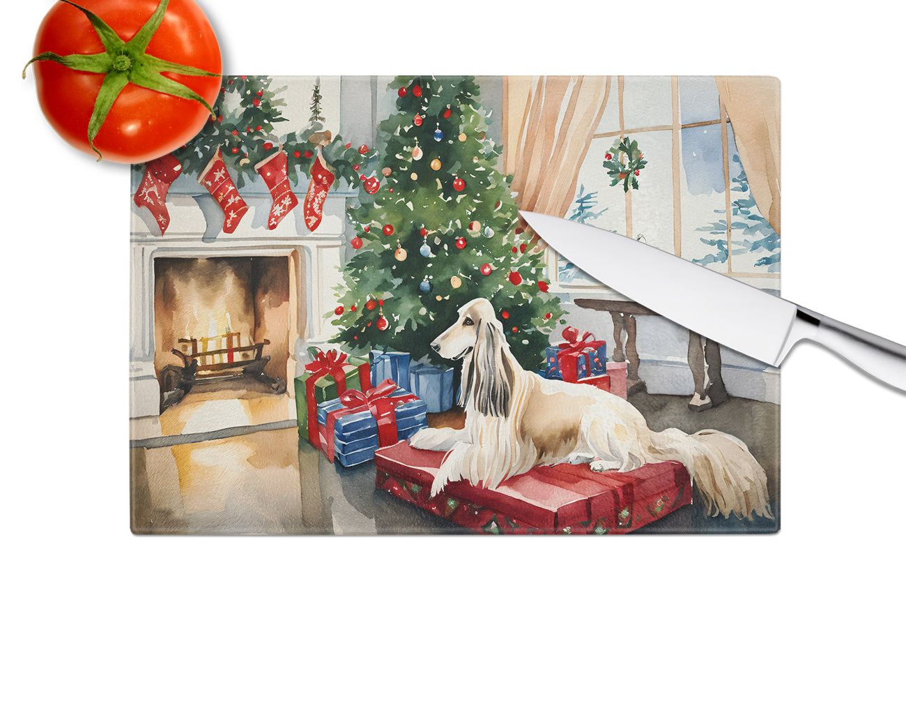 Afghan Hound Cozy Christmas Glass Cutting Board