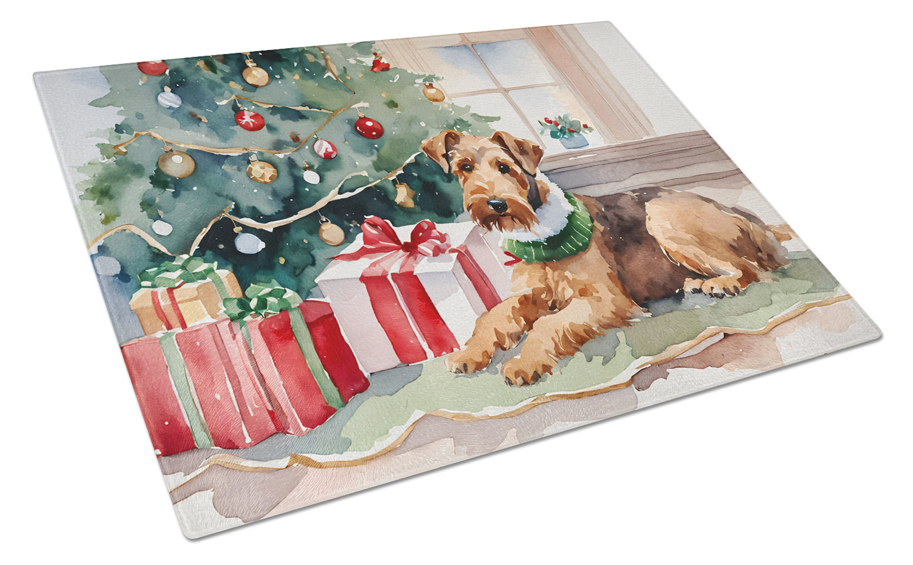 Buy this Airedale Terrier Cozy Christmas Glass Cutting Board