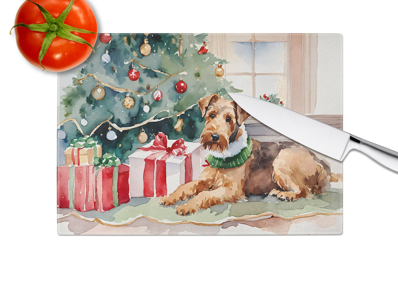 Airedale Terrier Cozy Christmas Glass Cutting Board