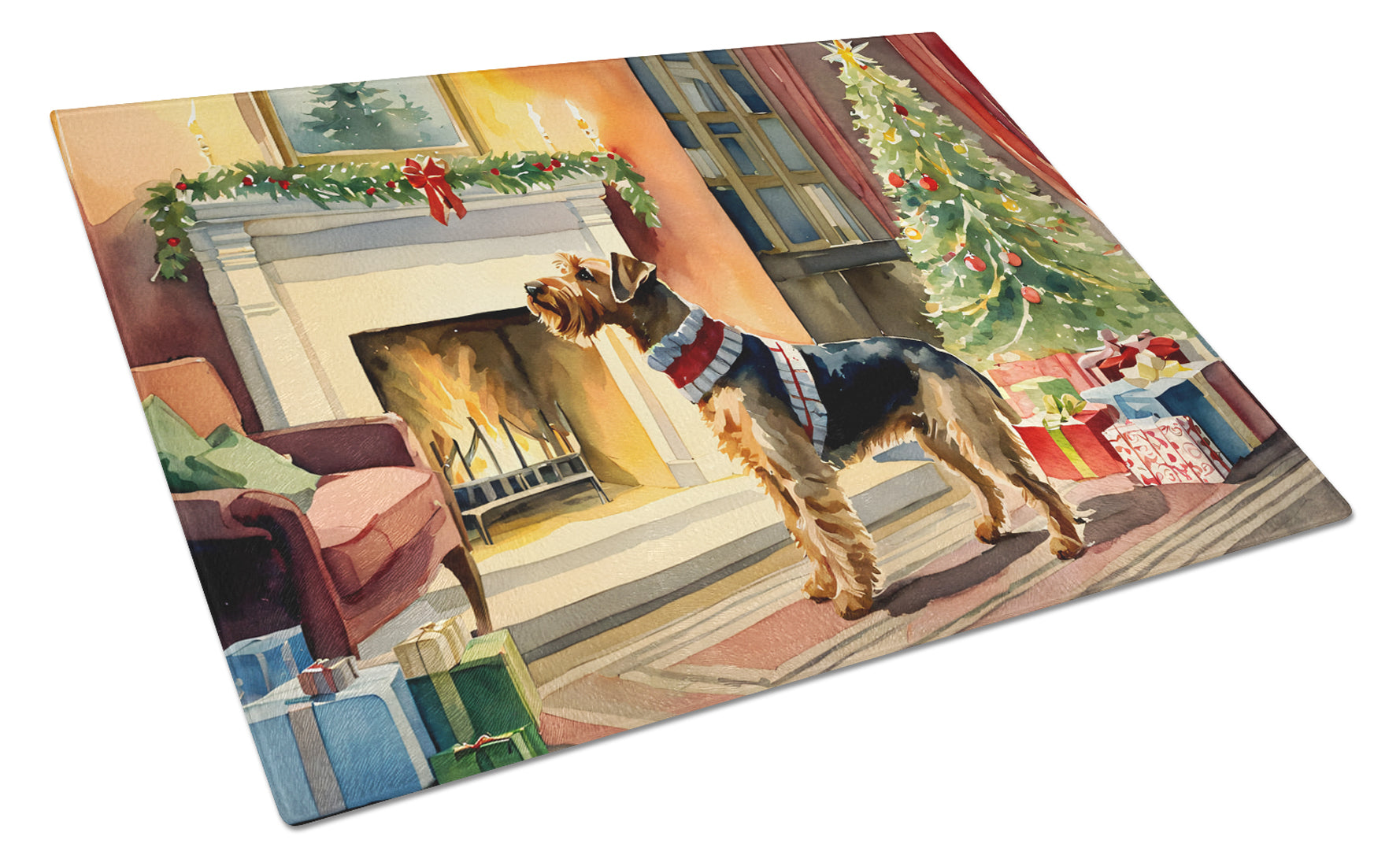 Buy this Airedale Terrier Cozy Christmas Glass Cutting Board