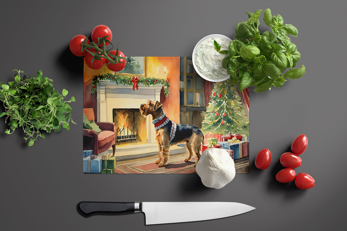 Airedale Terrier Cozy Christmas Glass Cutting Board