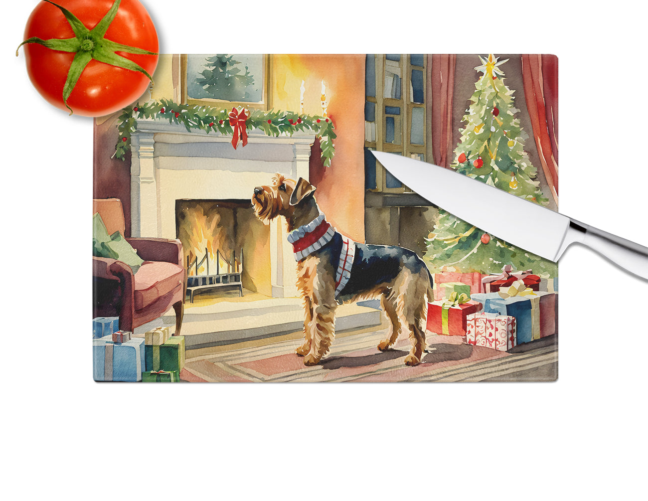 Airedale Terrier Cozy Christmas Glass Cutting Board