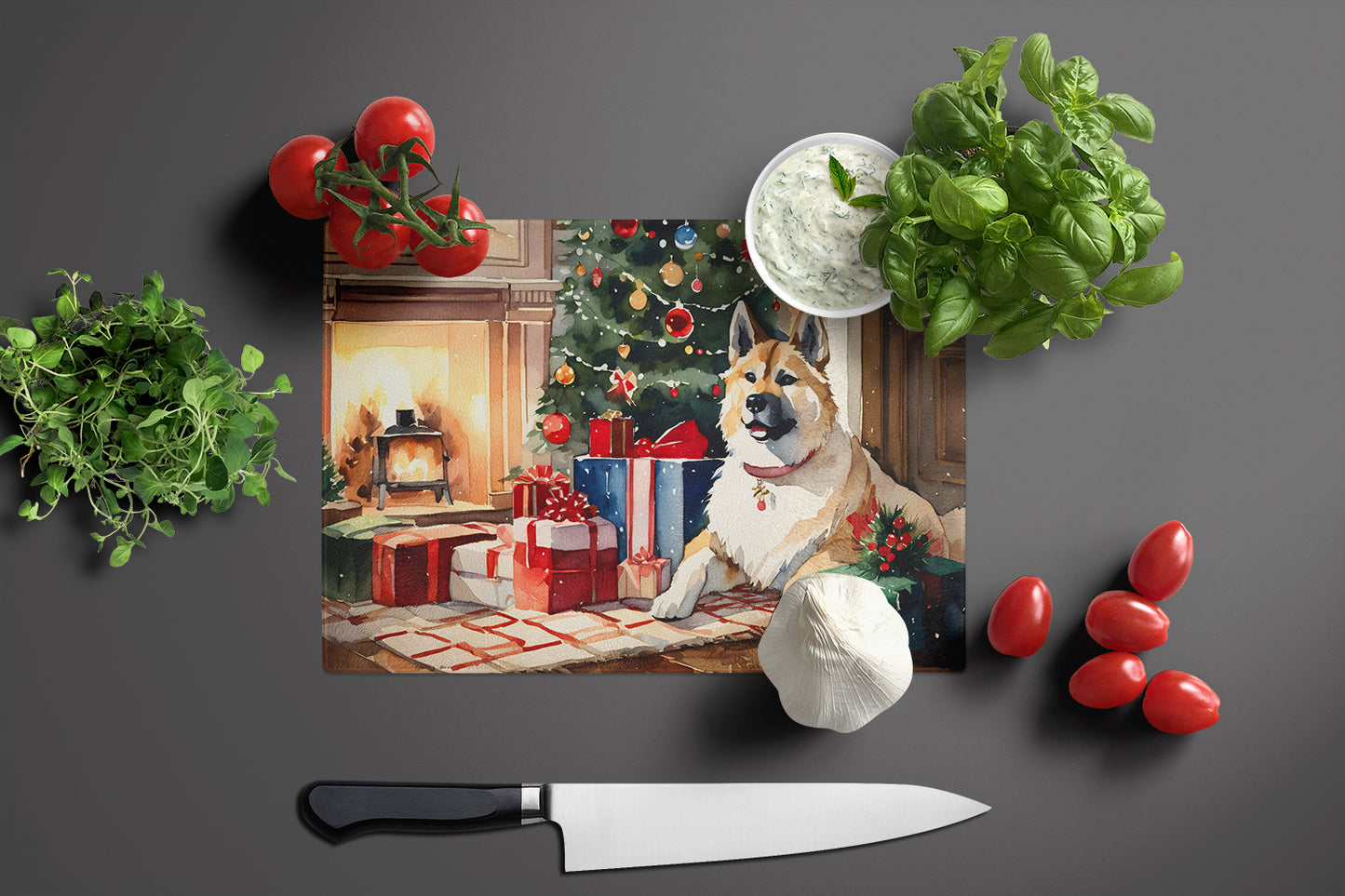 Akita Cozy Christmas Glass Cutting Board