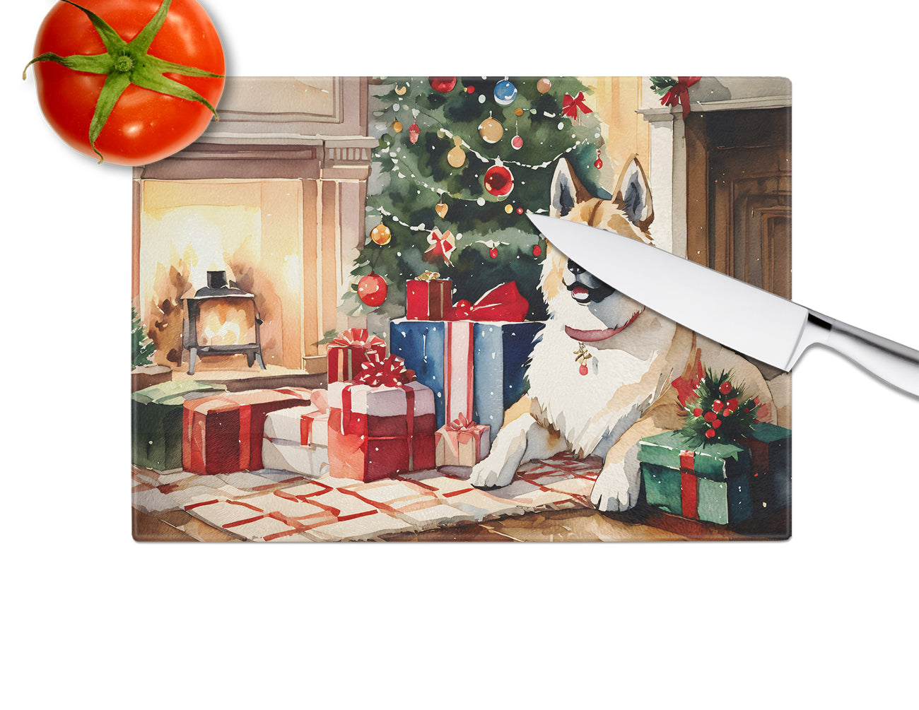 Akita Cozy Christmas Glass Cutting Board