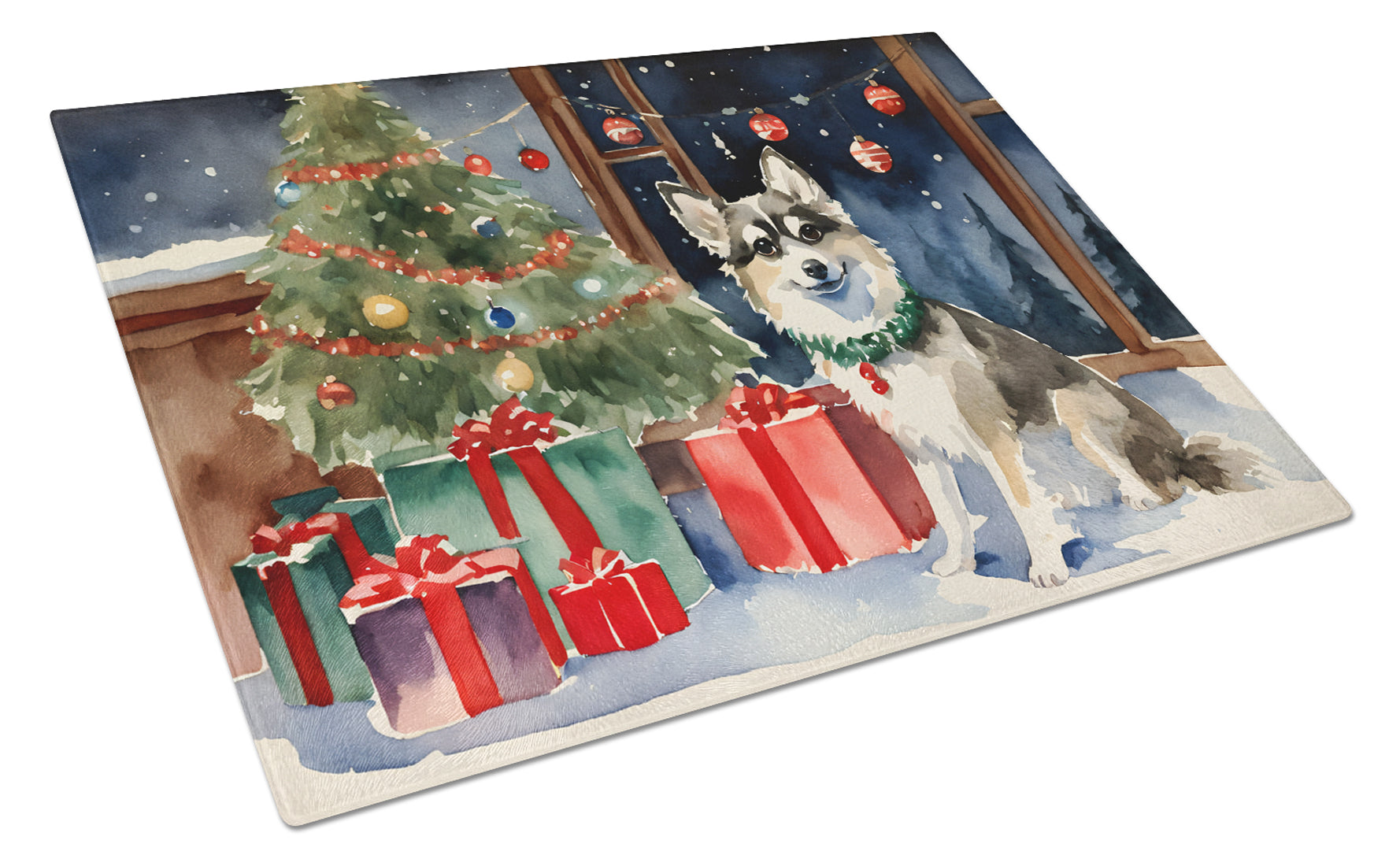 Buy this Alaskan Klee Kai Cozy Christmas Glass Cutting Board