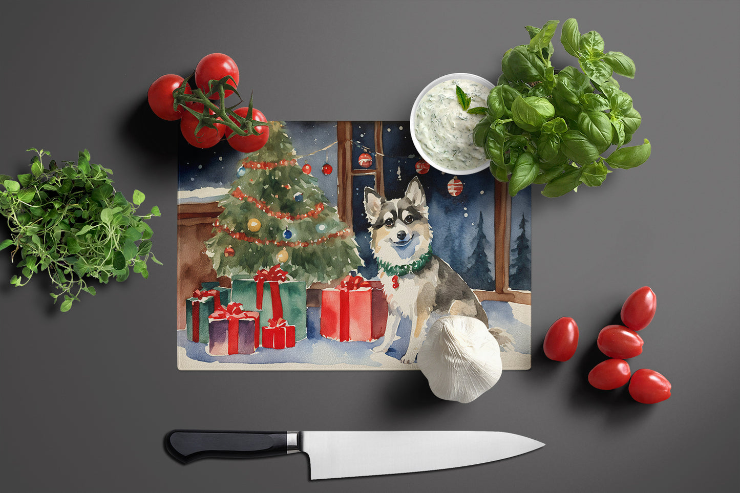 Alaskan Klee Kai Cozy Christmas Glass Cutting Board