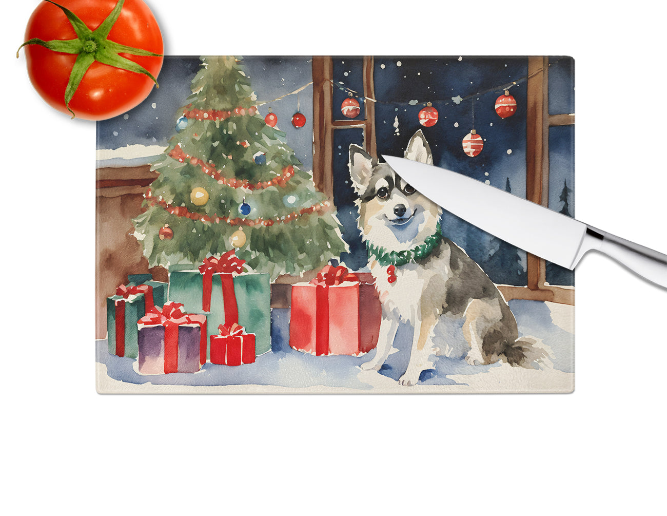 Alaskan Klee Kai Cozy Christmas Glass Cutting Board