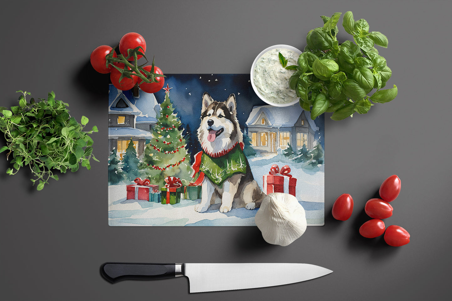 Alaskan Malamute Cozy Christmas Glass Cutting Board