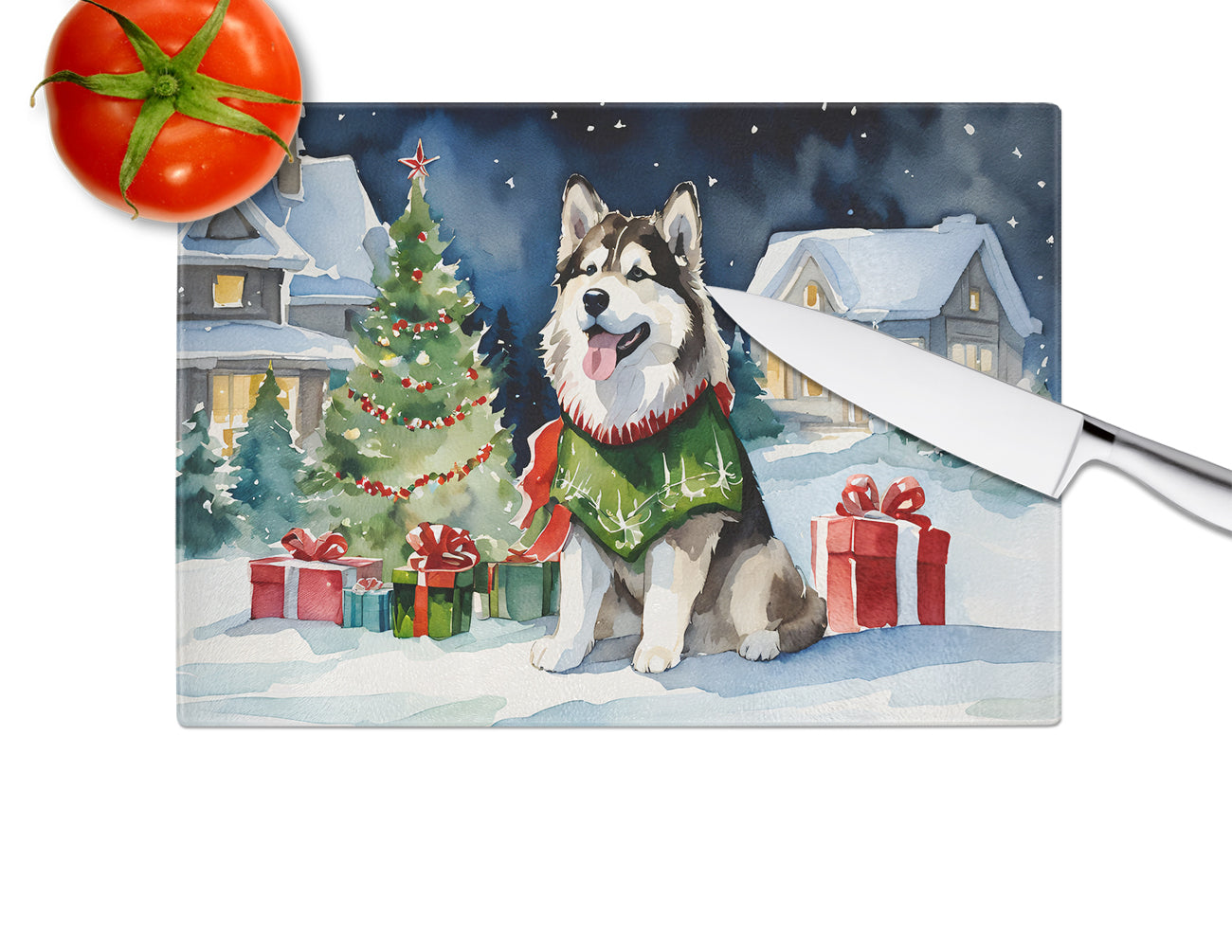 Alaskan Malamute Cozy Christmas Glass Cutting Board