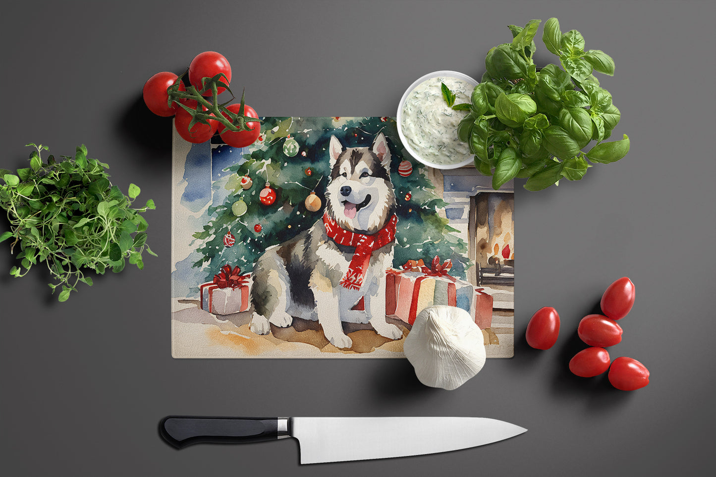 Alaskan Malamute Cozy Christmas Glass Cutting Board