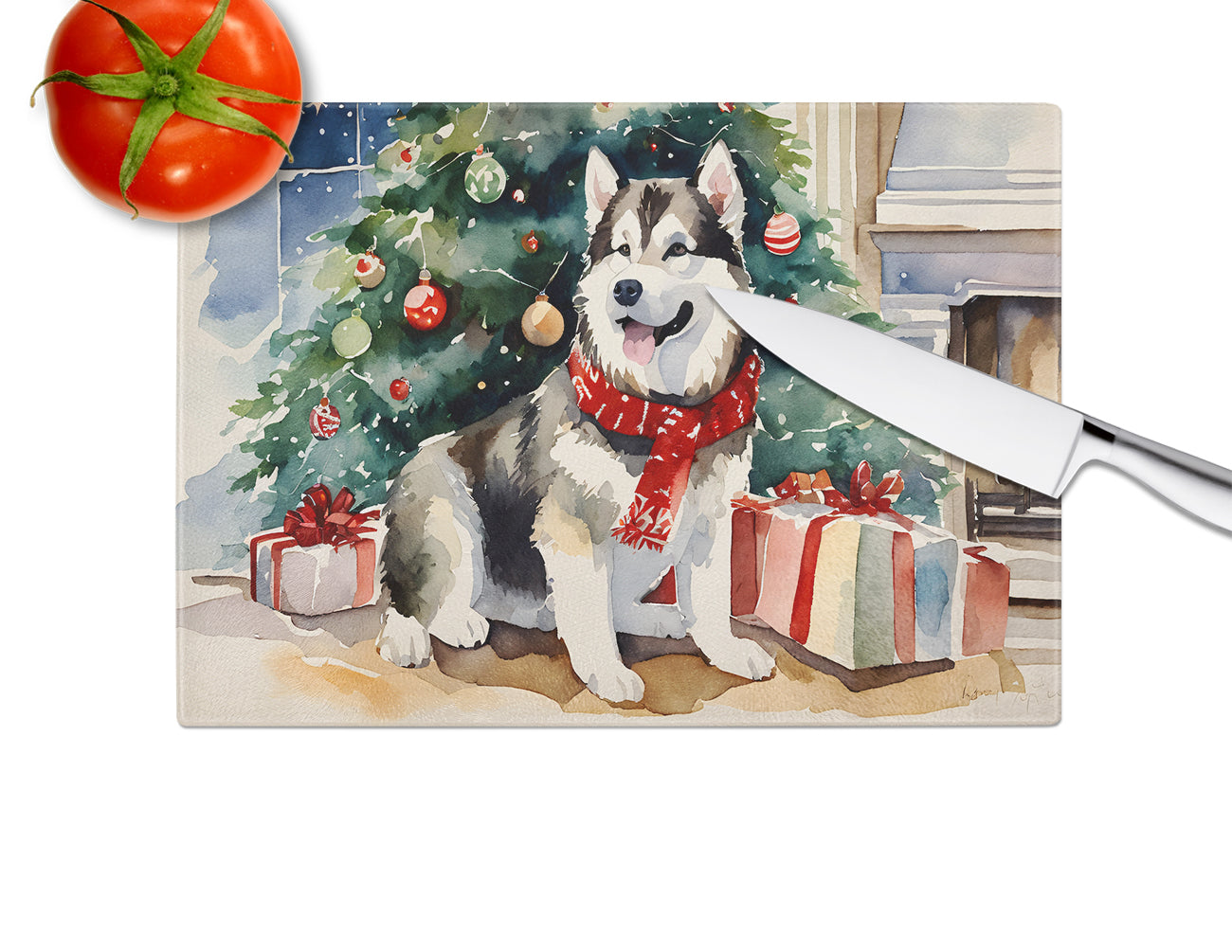 Alaskan Malamute Cozy Christmas Glass Cutting Board