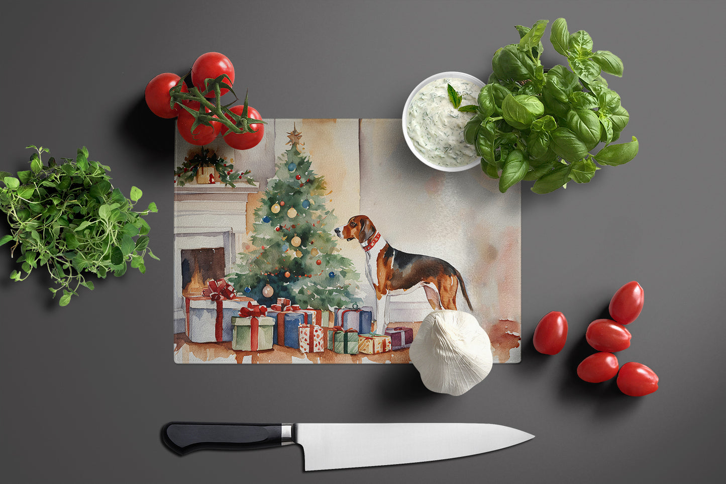 American English Coonhound Cozy Christmas Glass Cutting Board