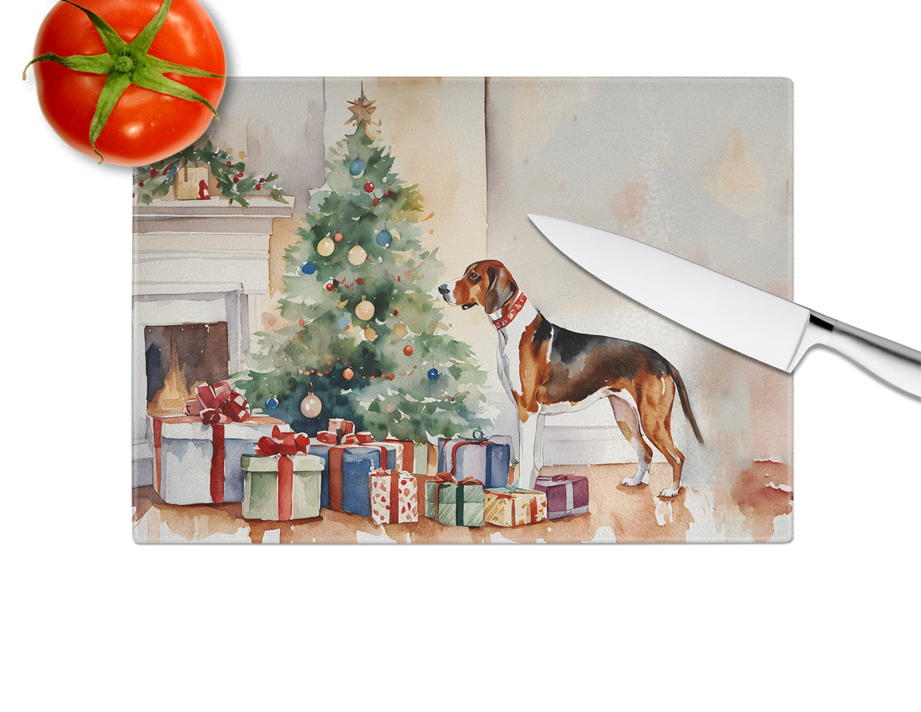 American English Coonhound Cozy Christmas Glass Cutting Board