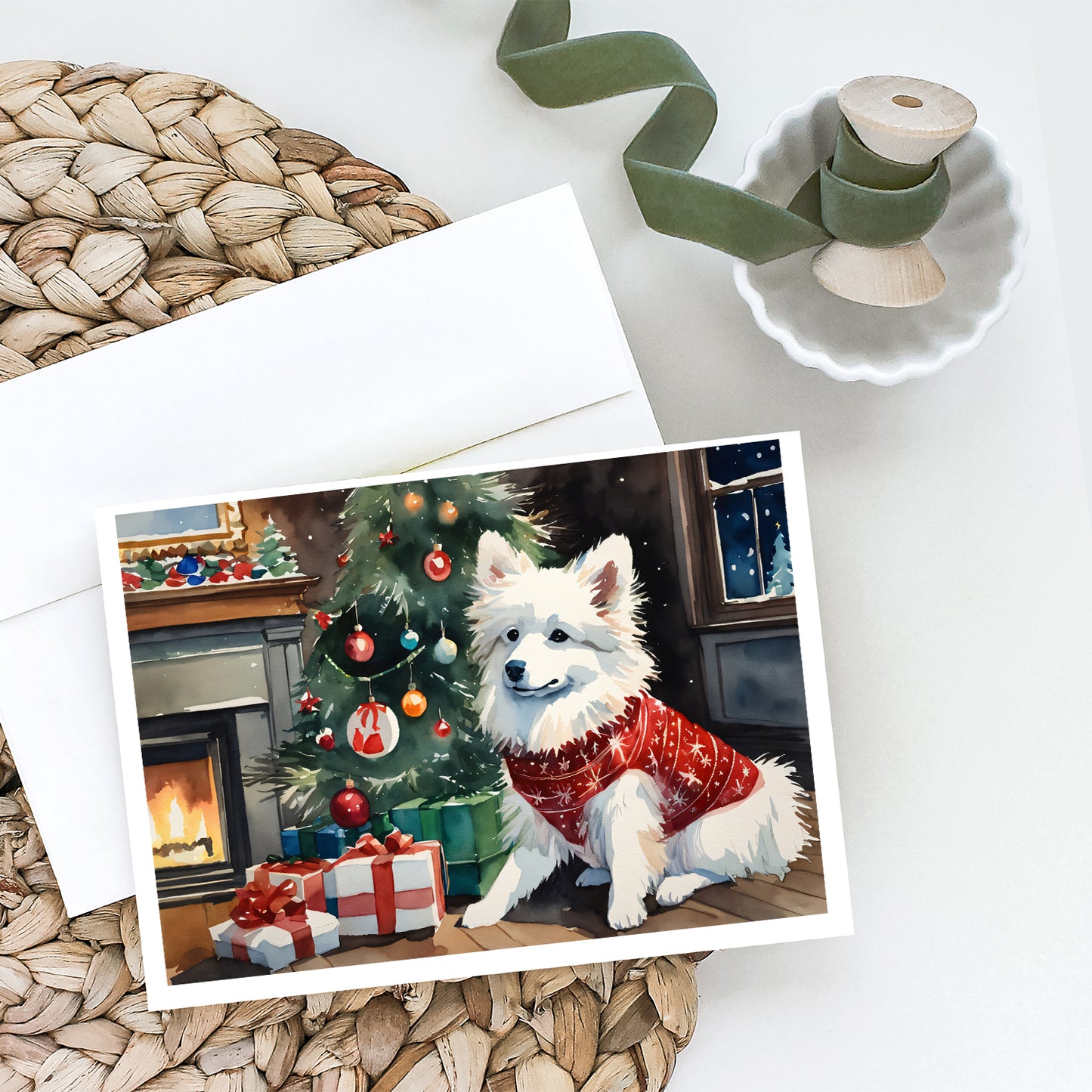 American Eskimo Cozy Christmas Greeting Cards Pack of 8