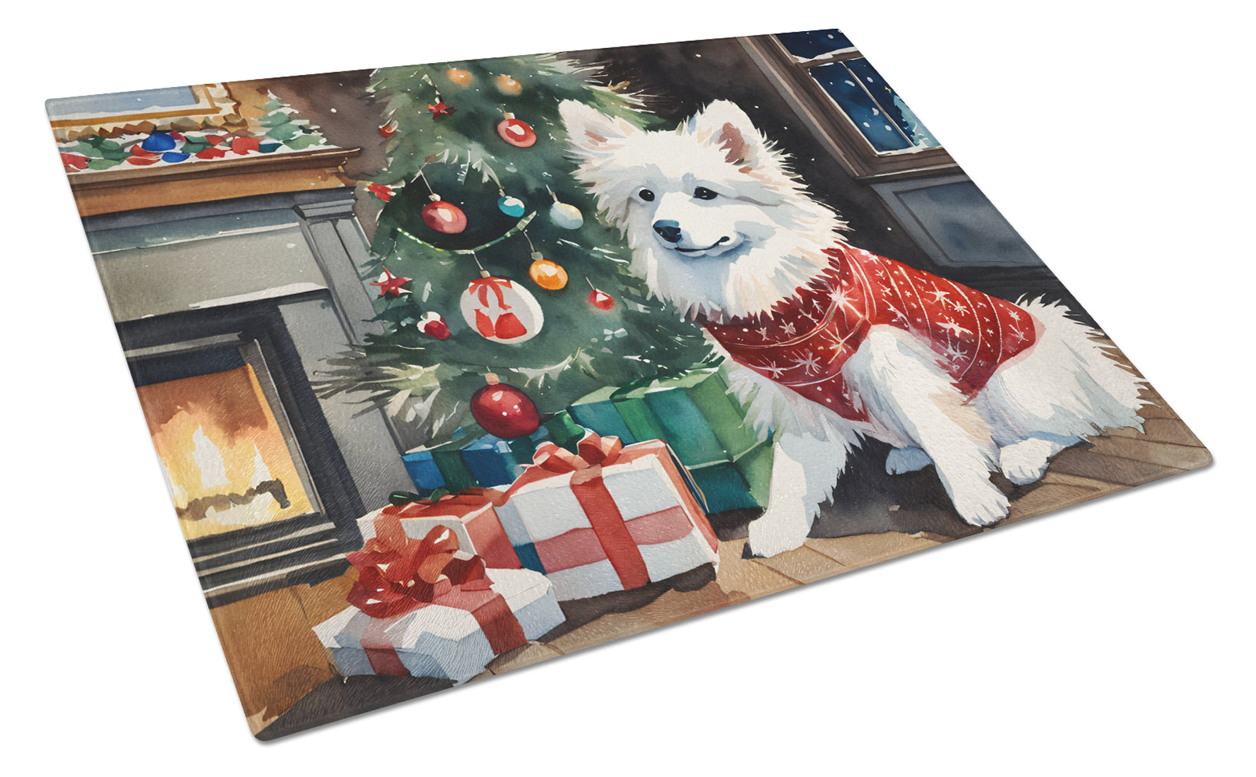 Buy this American Eskimo Cozy Christmas Glass Cutting Board