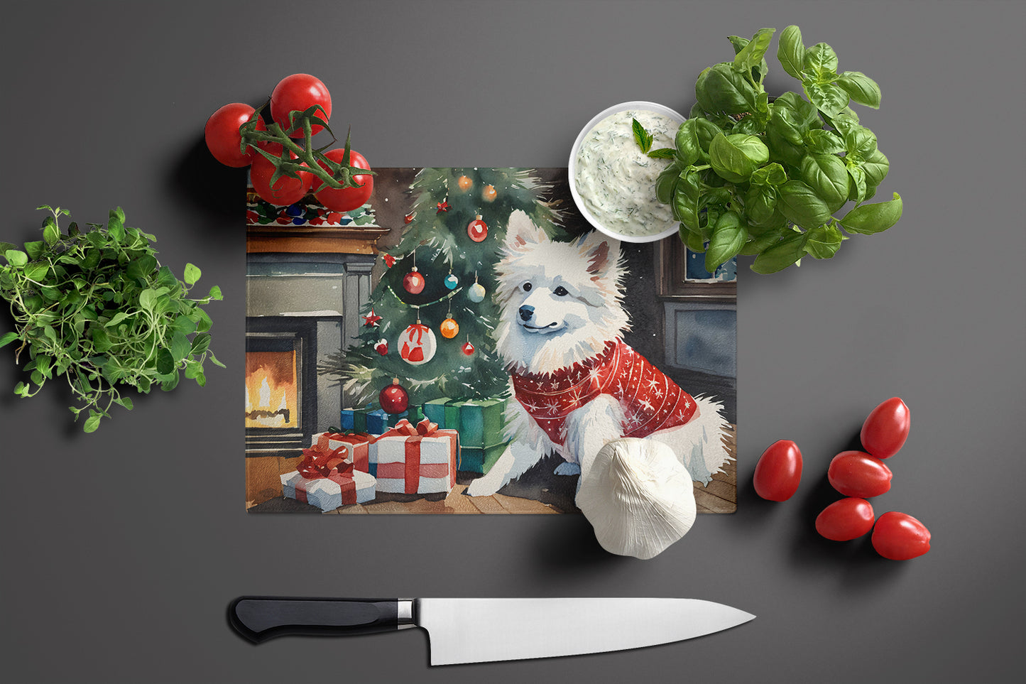 American Eskimo Cozy Christmas Glass Cutting Board