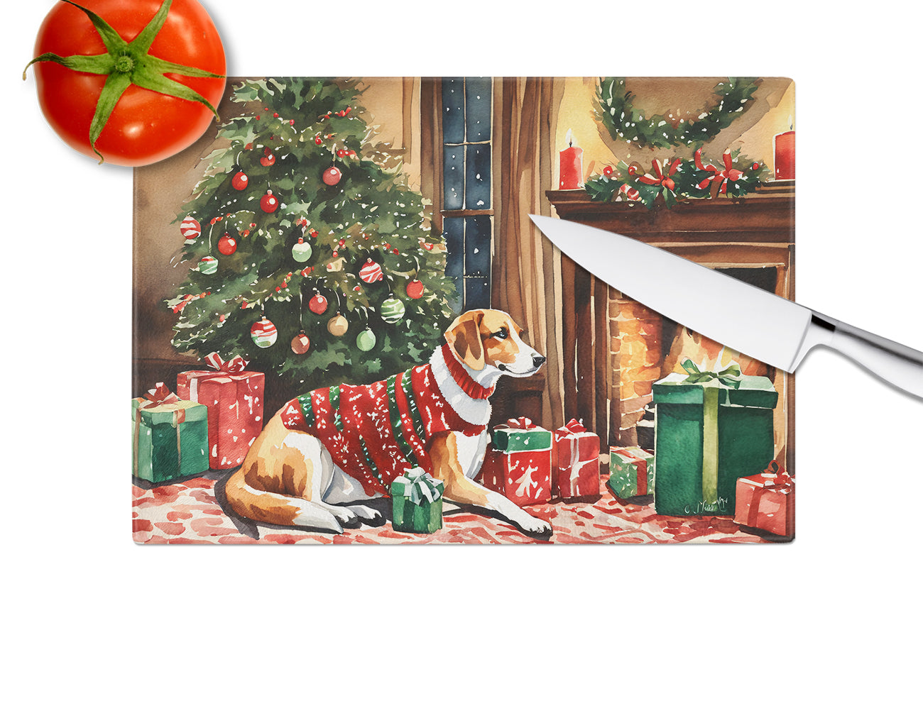 American Foxhound Cozy Christmas Glass Cutting Board