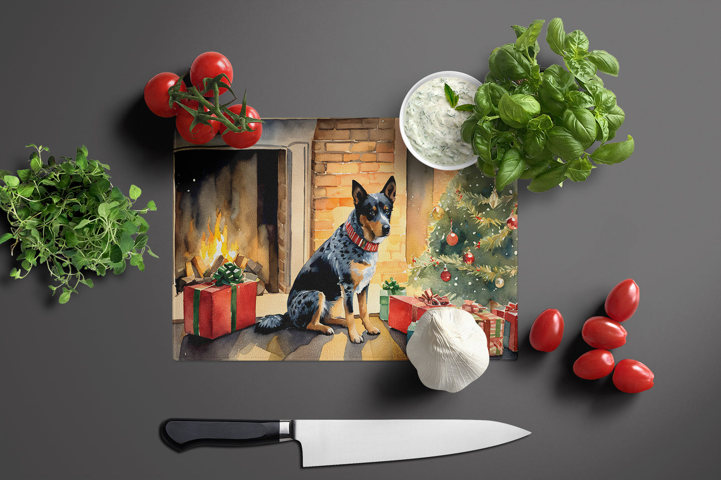 Australian Cattle Dog Cozy Christmas Glass Cutting Board