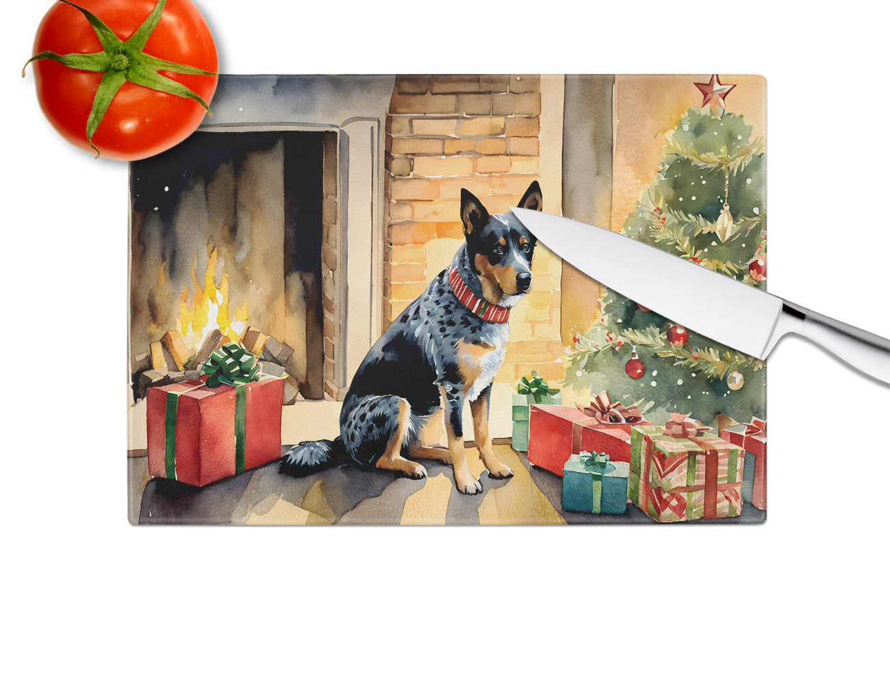 Australian Cattle Dog Cozy Christmas Glass Cutting Board