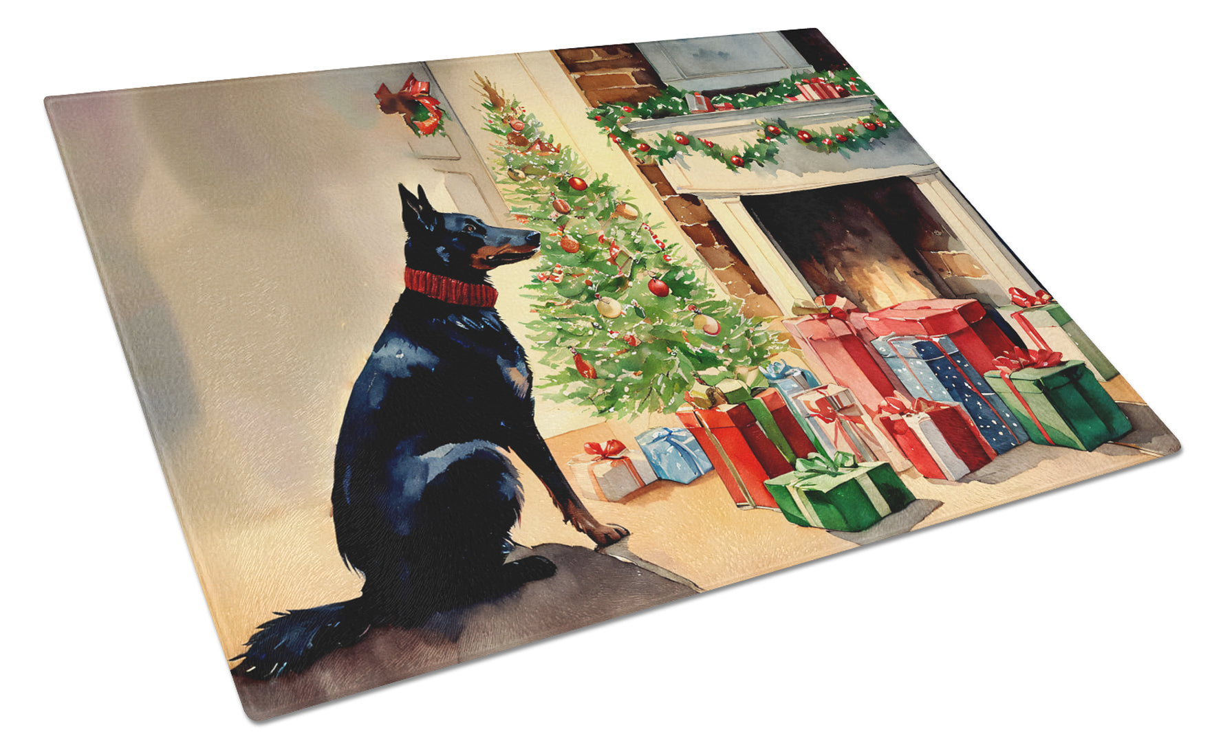 Buy this Australian Kelpie Cozy Christmas Glass Cutting Board