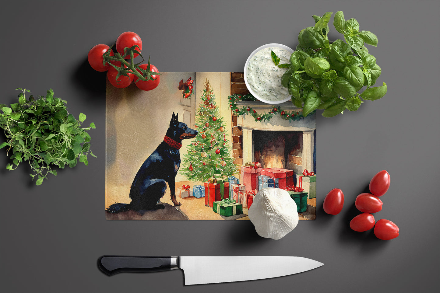 Australian Kelpie Cozy Christmas Glass Cutting Board