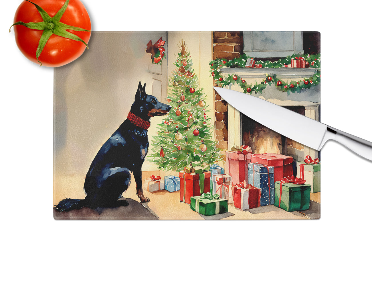 Australian Kelpie Cozy Christmas Glass Cutting Board