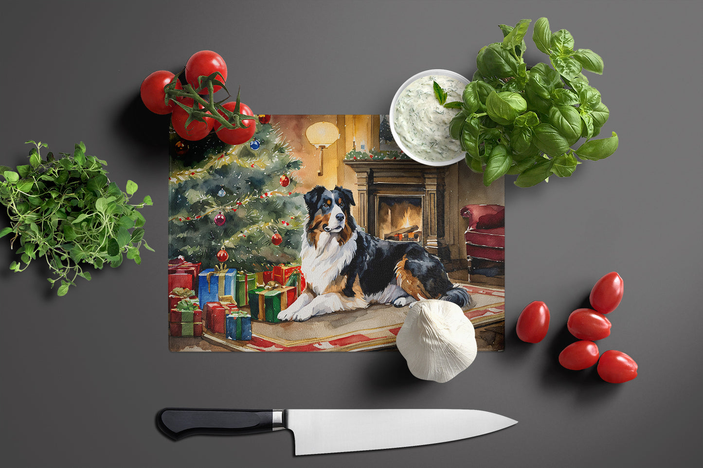 Australian Shepherd Cozy Christmas Glass Cutting Board