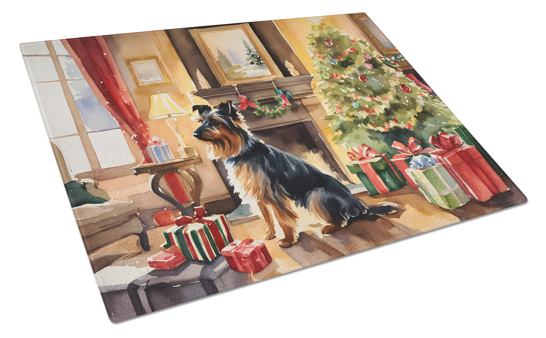 Buy this Australian Terrier Cozy Christmas Glass Cutting Board