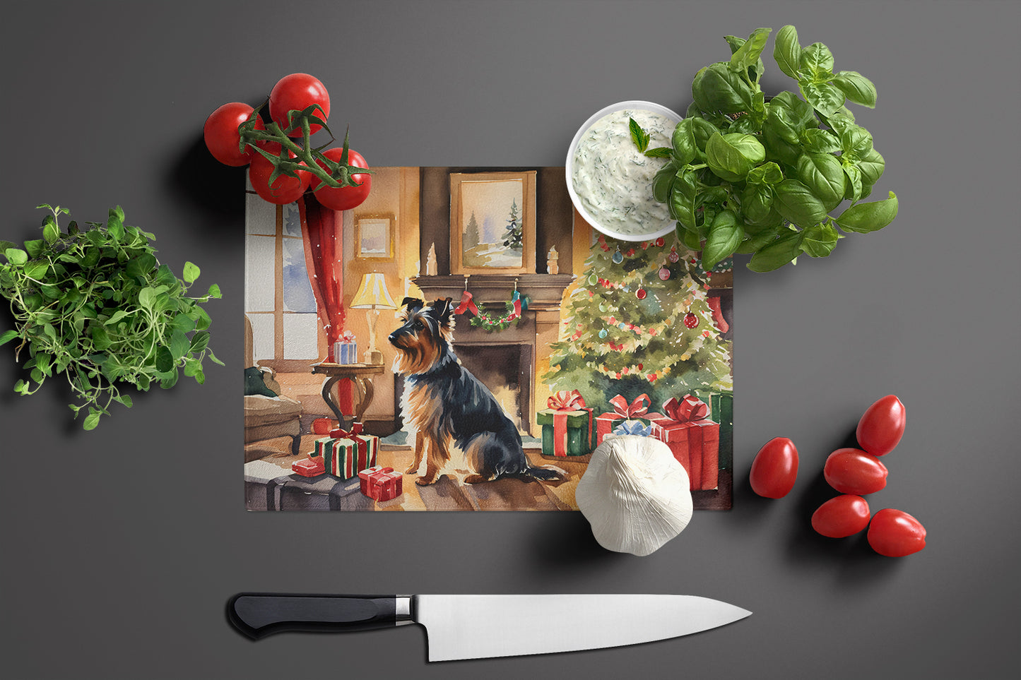 Australian Terrier Cozy Christmas Glass Cutting Board