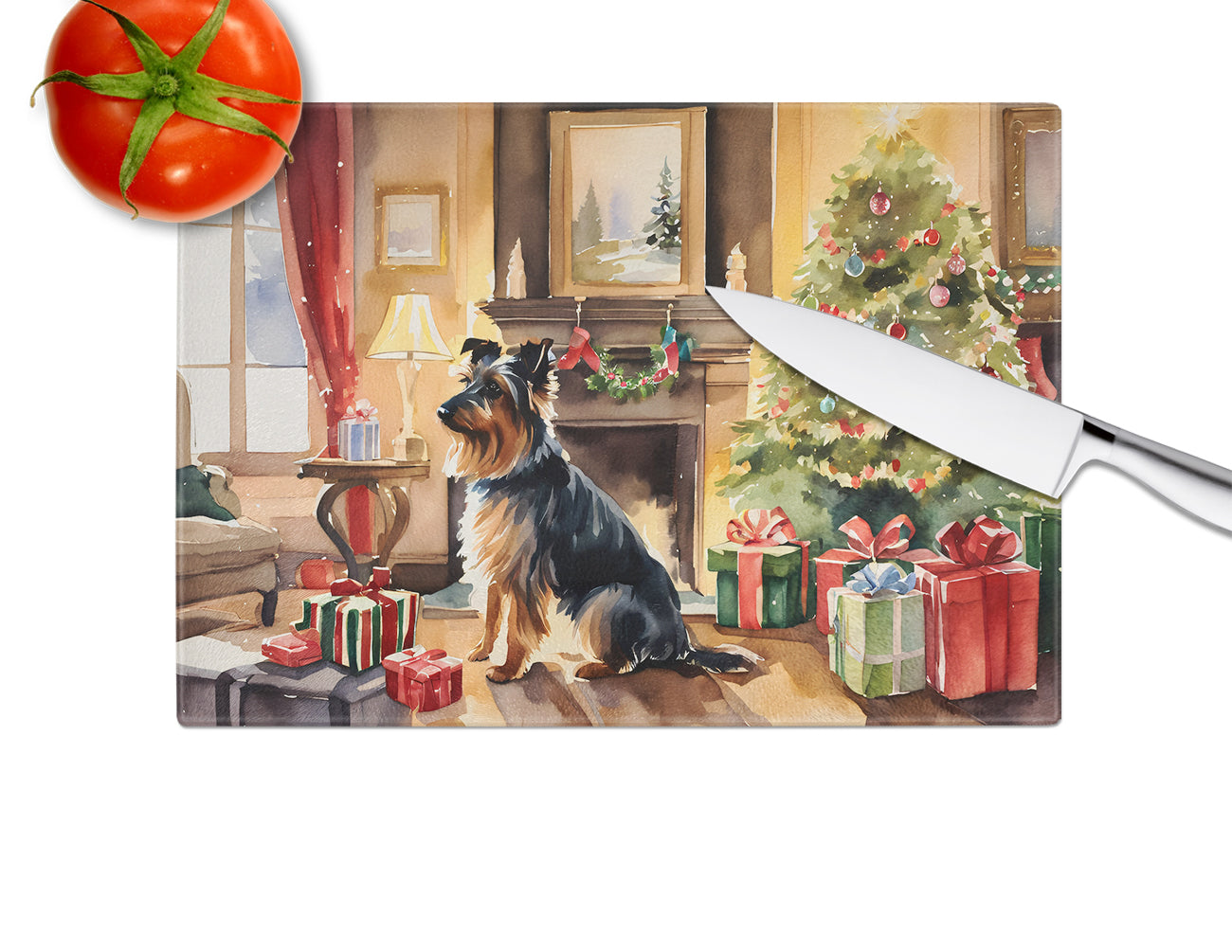 Australian Terrier Cozy Christmas Glass Cutting Board