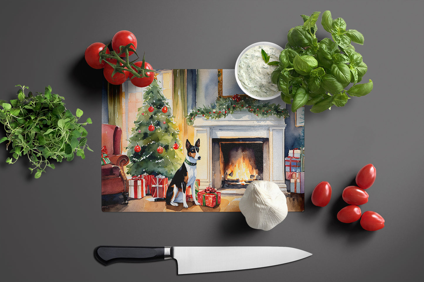 Basenji Cozy Christmas Glass Cutting Board