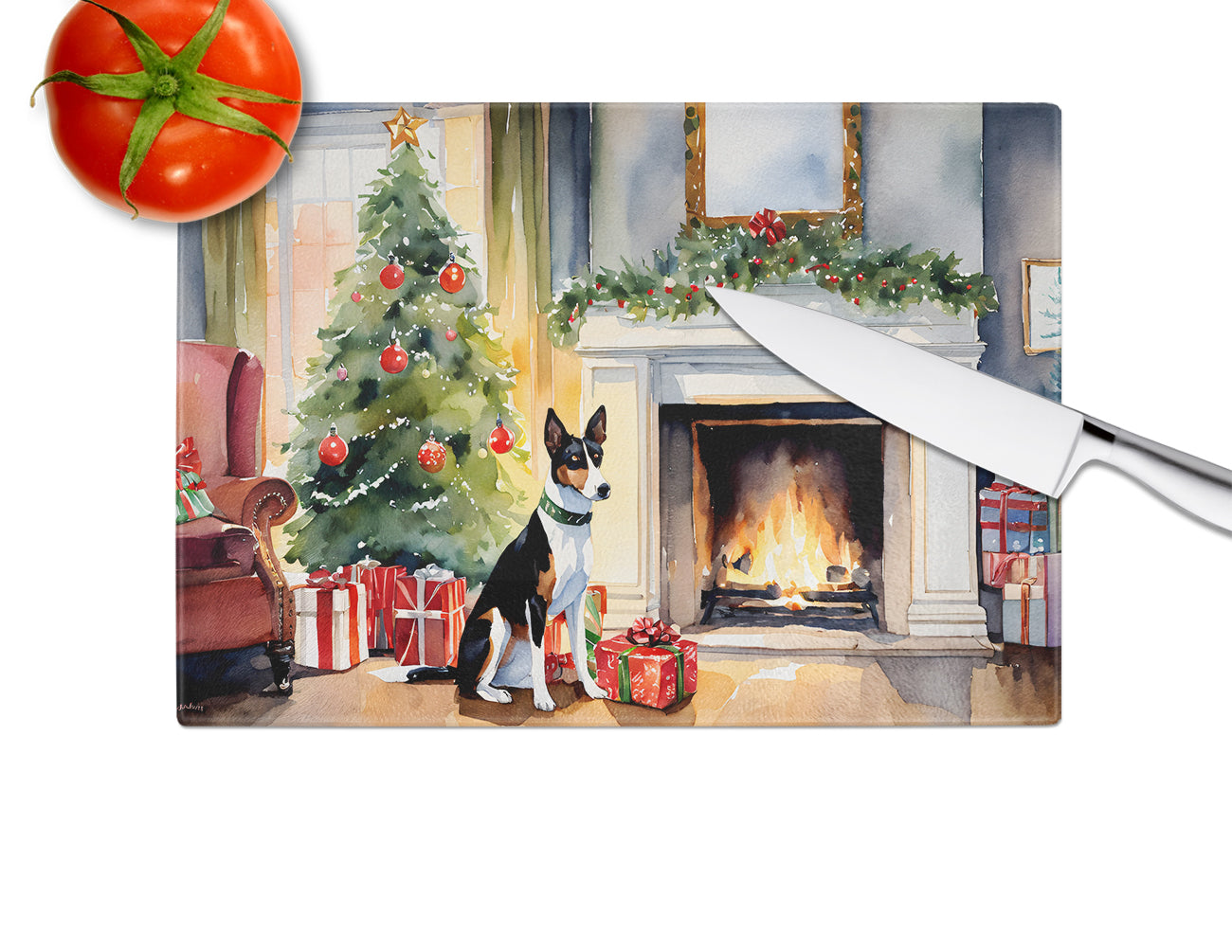 Basenji Cozy Christmas Glass Cutting Board