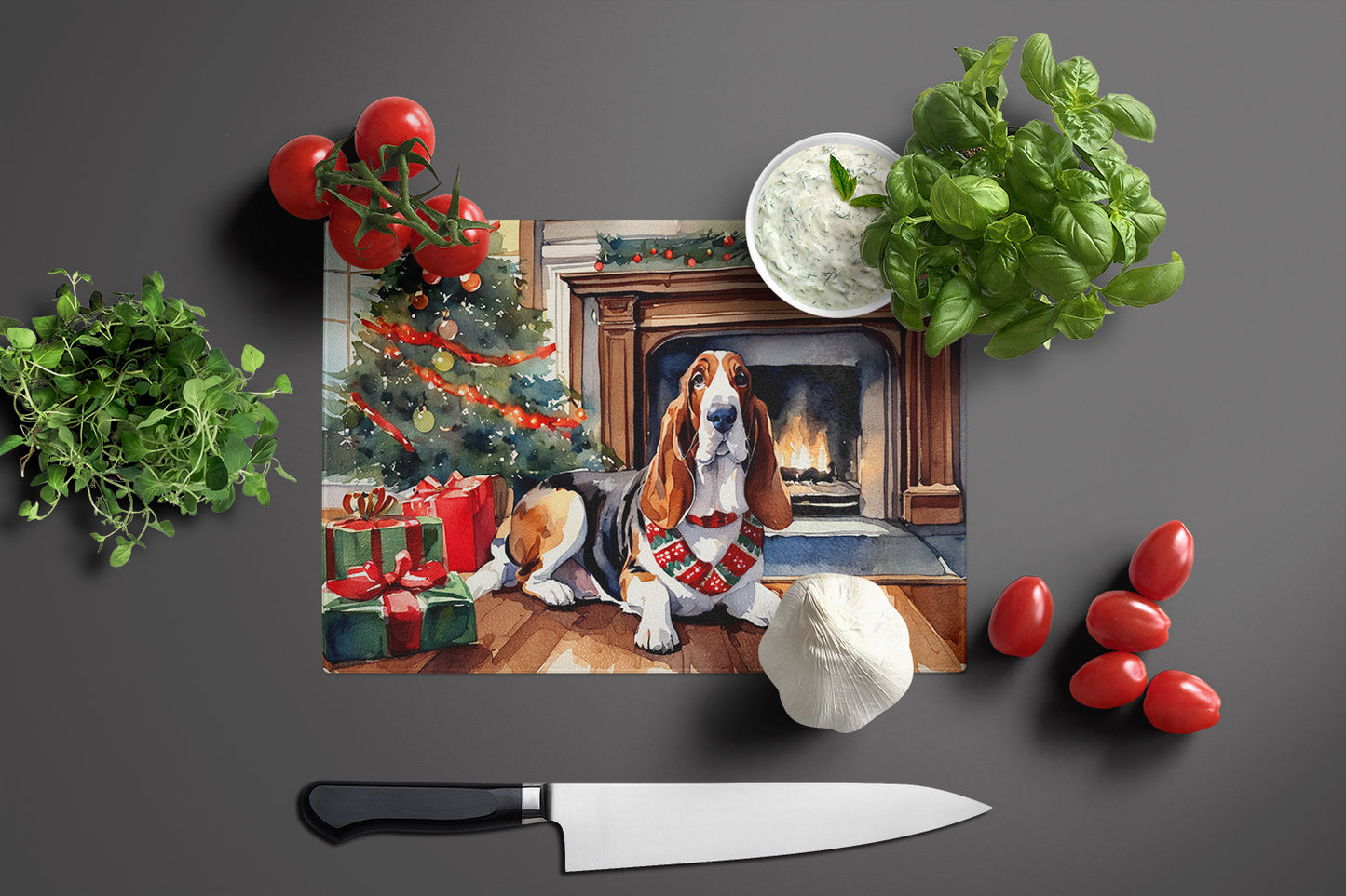 Basset Hound Cozy Christmas Glass Cutting Board