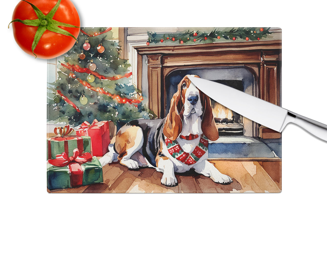 Basset Hound Cozy Christmas Glass Cutting Board