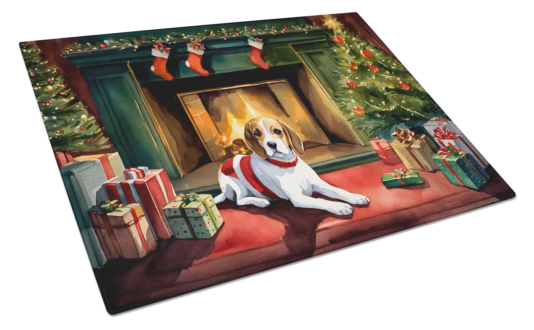 Buy this Beagle Cozy Christmas Glass Cutting Board