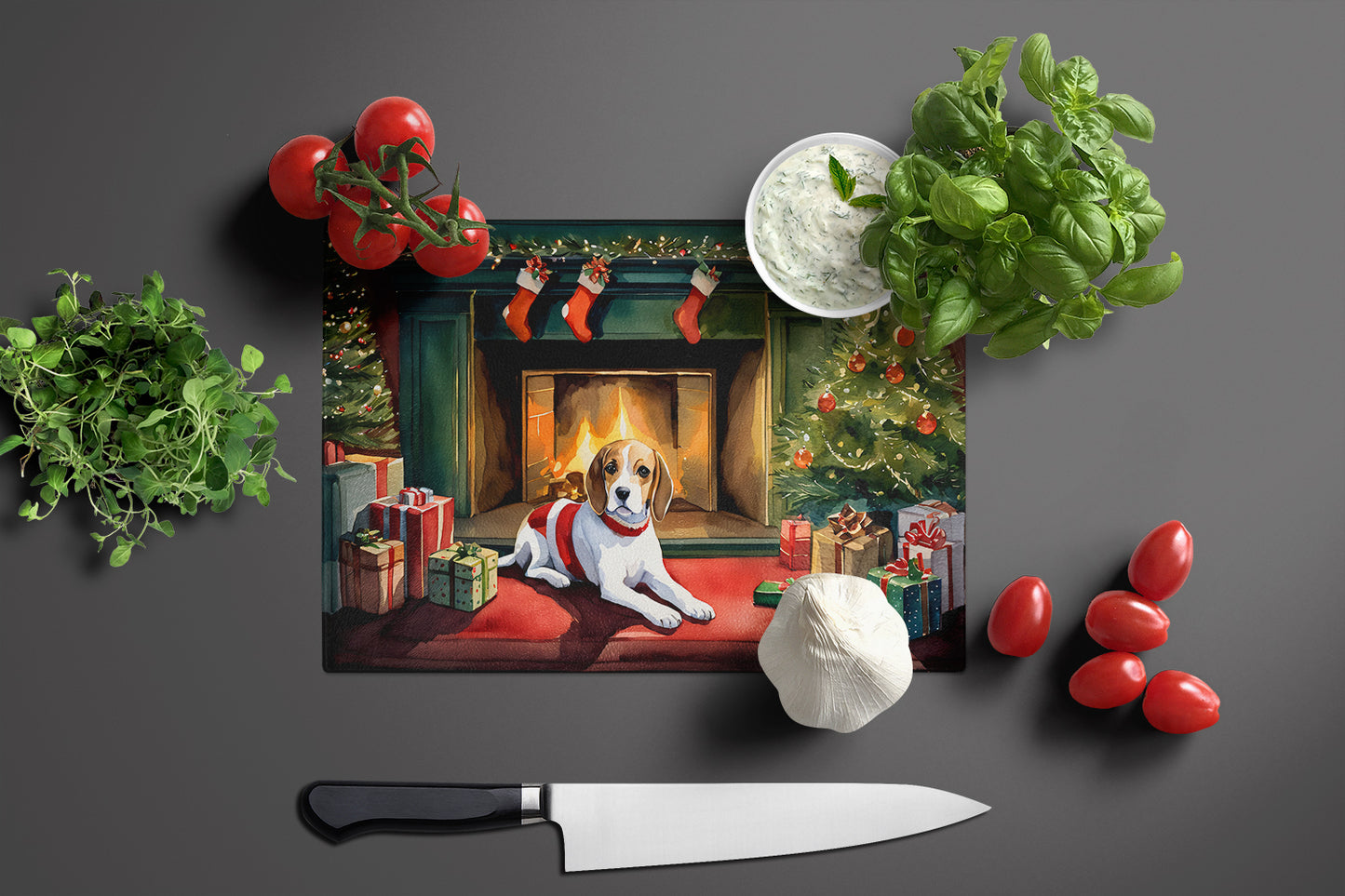 Beagle Cozy Christmas Glass Cutting Board