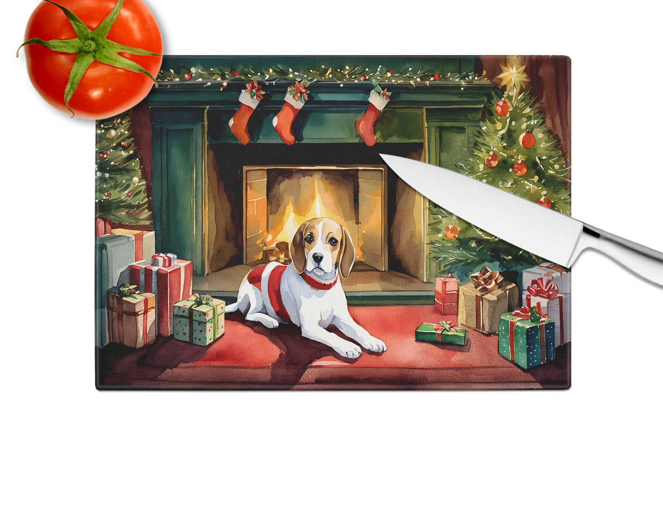 Beagle Cozy Christmas Glass Cutting Board