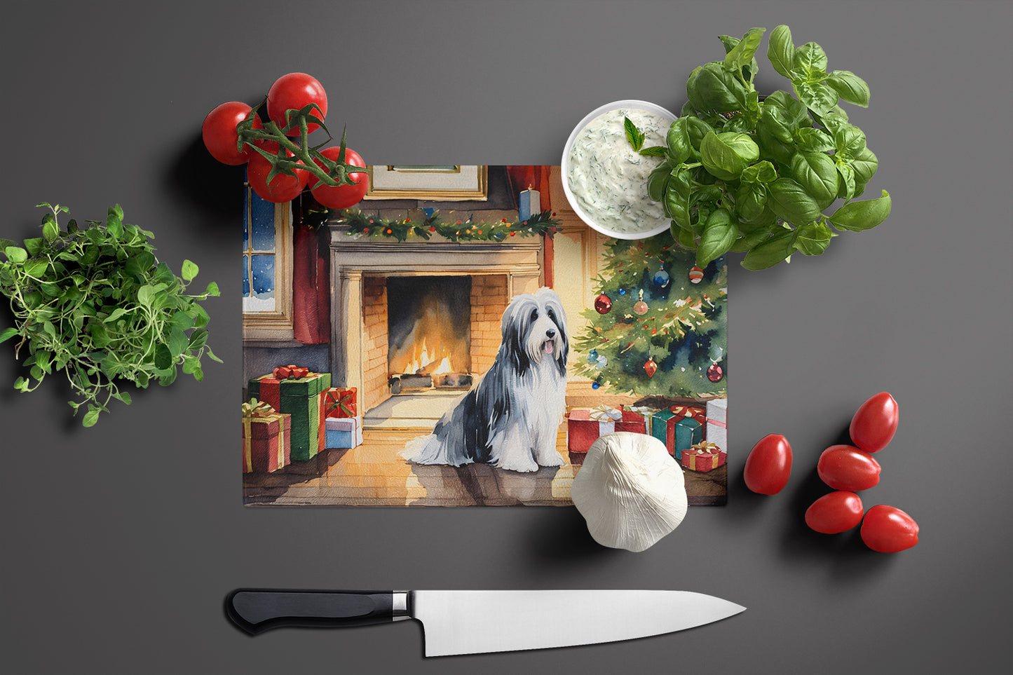 Bearded Collie Cozy Christmas Glass Cutting Board