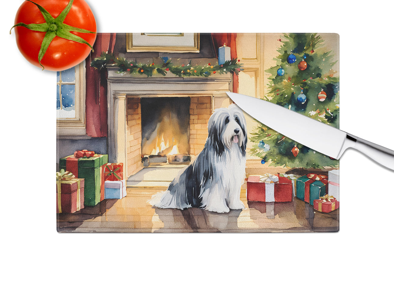 Bearded Collie Cozy Christmas Glass Cutting Board