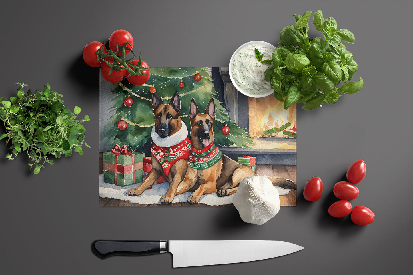 Belgian Malinois Cozy Christmas Glass Cutting Board