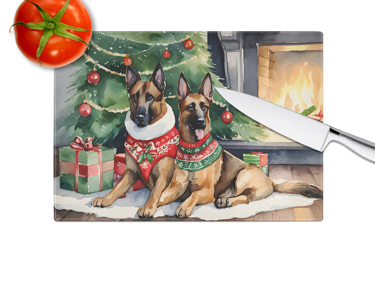 Belgian Malinois Cozy Christmas Glass Cutting Board