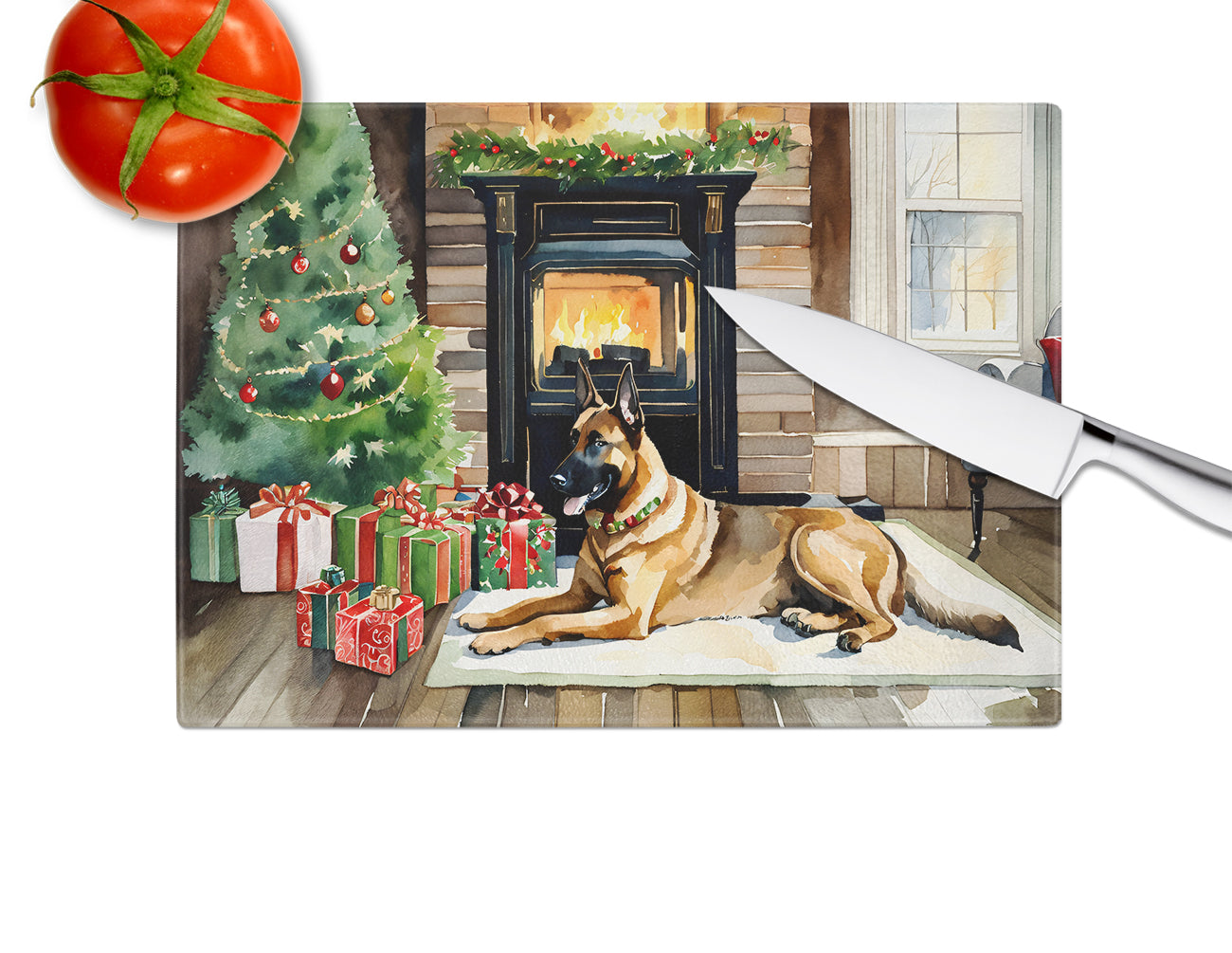 Belgian Malinois Cozy Christmas Glass Cutting Board