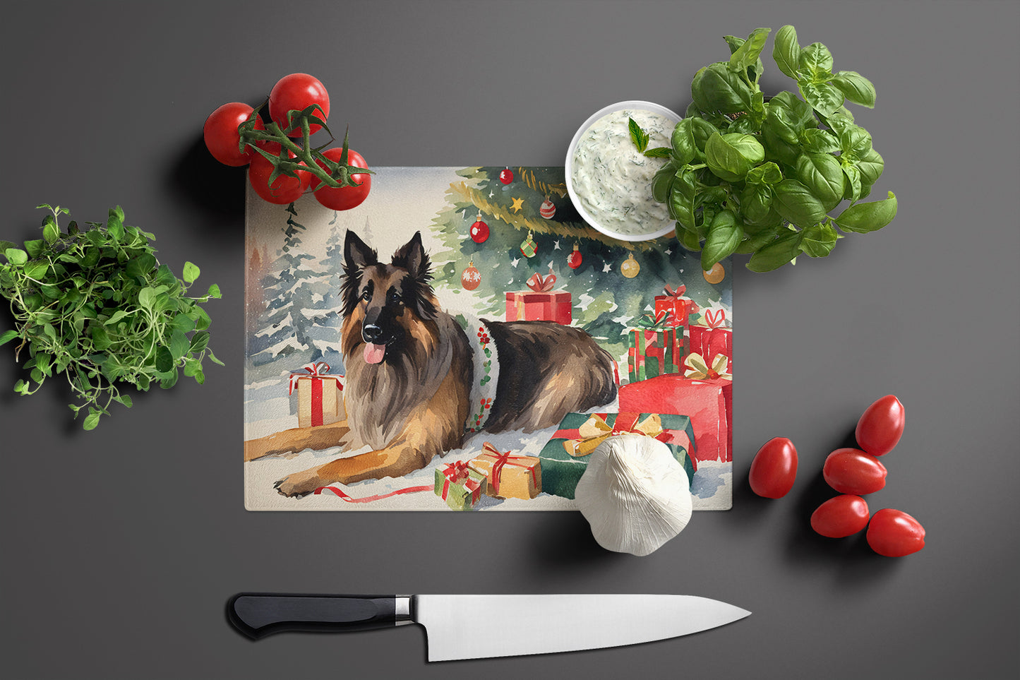 Belgian Tervuren Cozy Christmas Glass Cutting Board