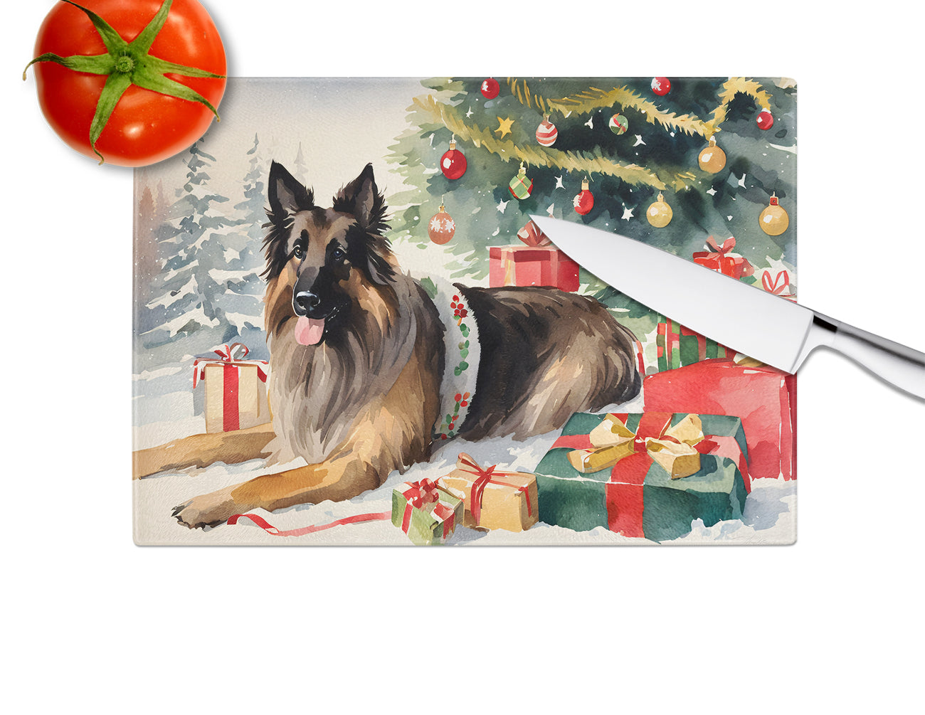 Belgian Tervuren Cozy Christmas Glass Cutting Board