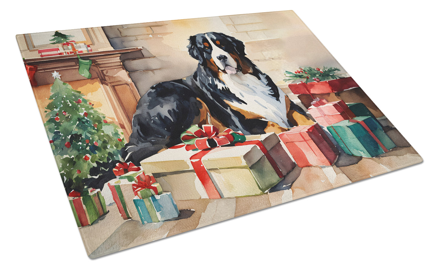 Buy this Bernese Mountain Dog Cozy Christmas Glass Cutting Board