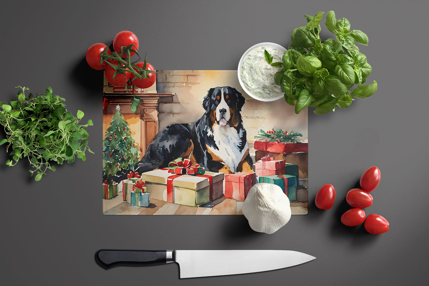 Bernese Mountain Dog Cozy Christmas Glass Cutting Board