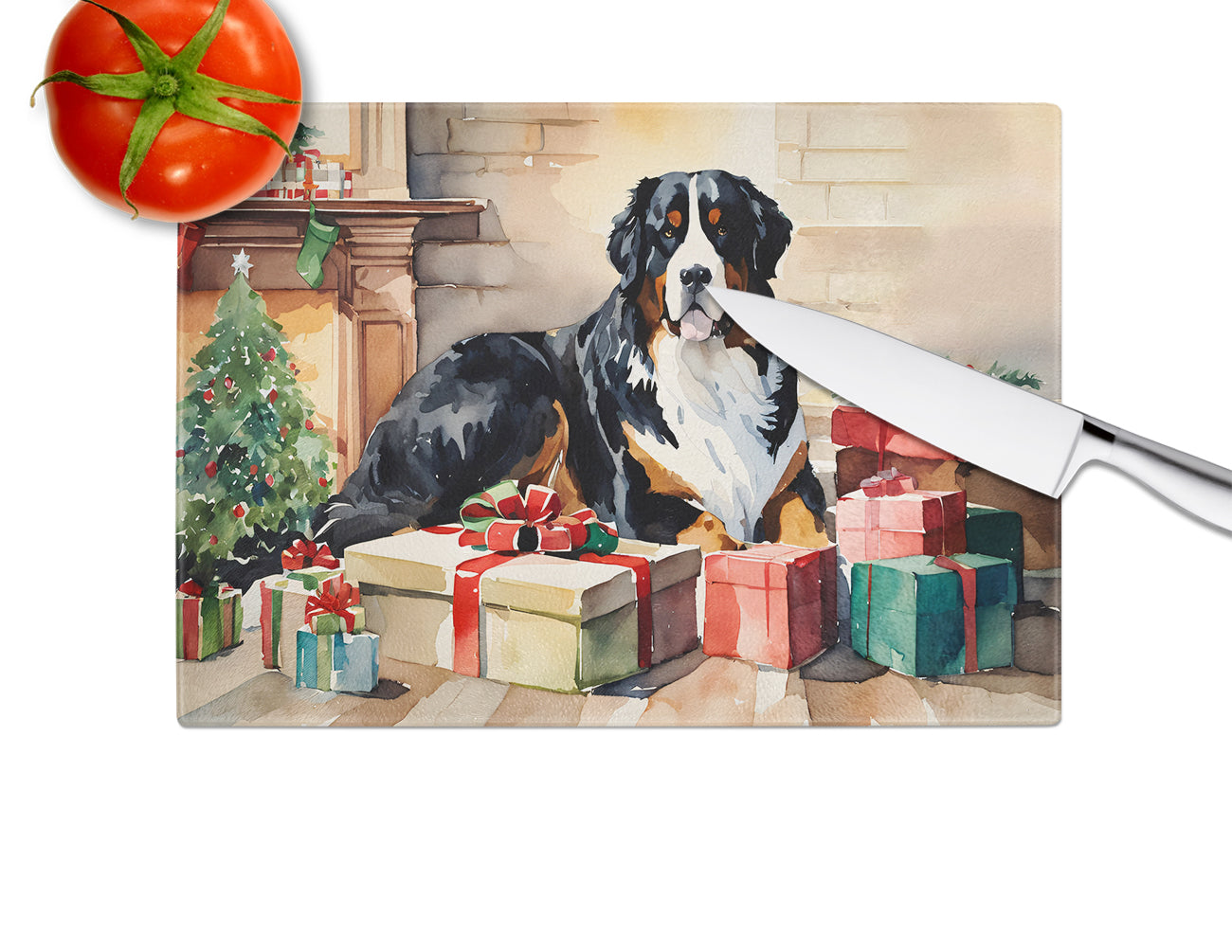 Bernese Mountain Dog Cozy Christmas Glass Cutting Board