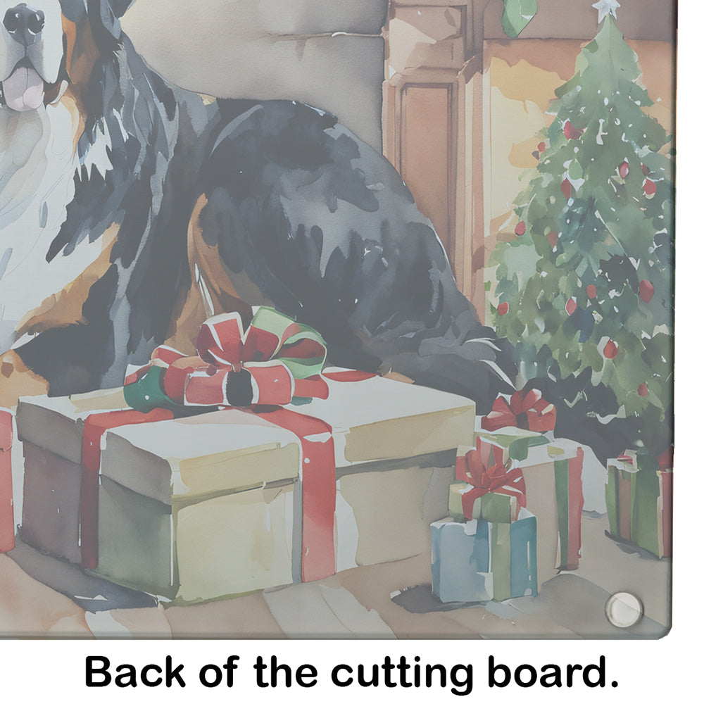 Bernese Mountain Dog Cozy Christmas Glass Cutting Board