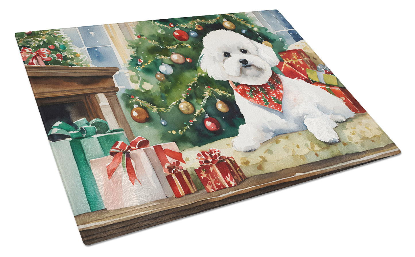 Buy this Bichon Frise Cozy Christmas Glass Cutting Board